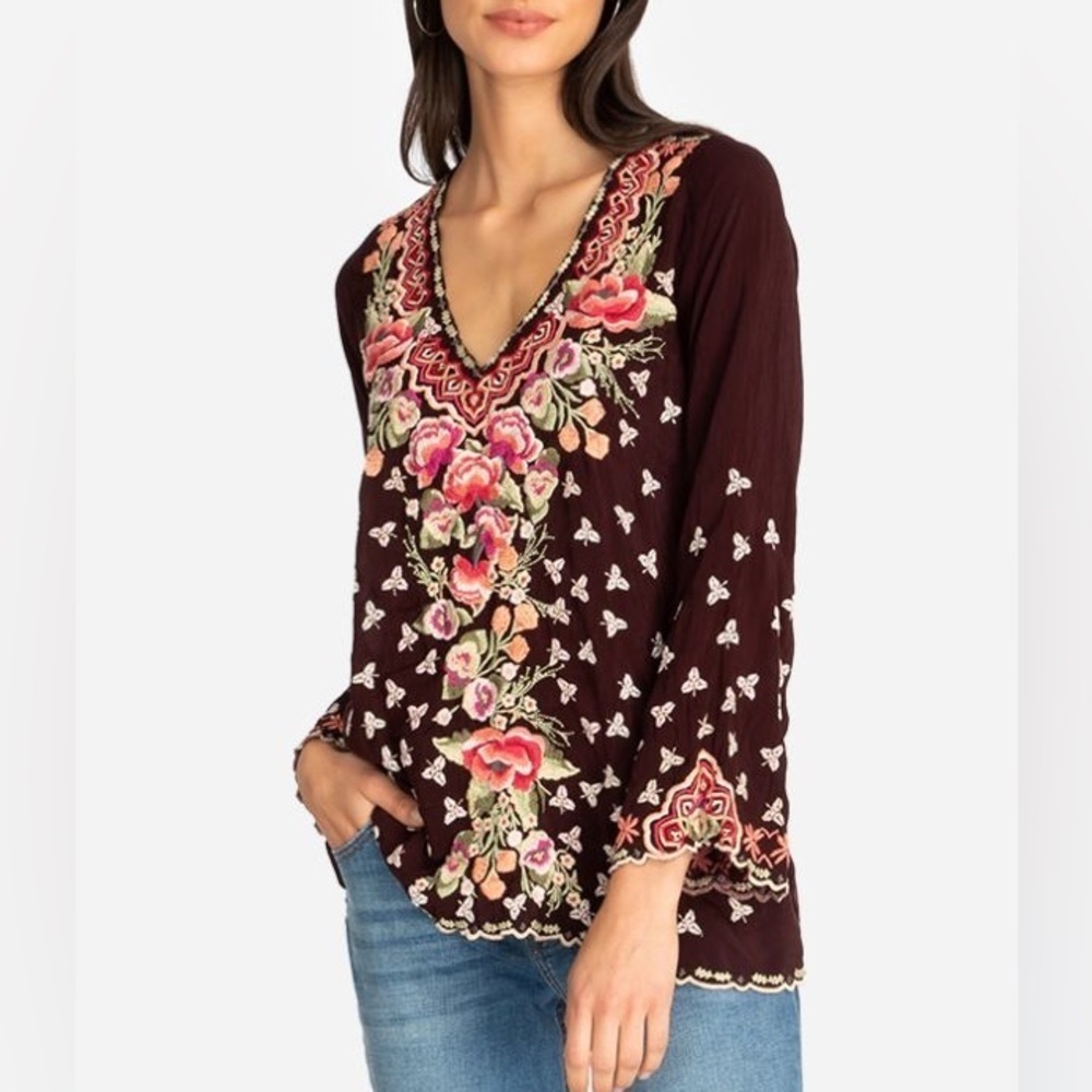 JOHNNY WAS burgundy Christabella Blouse with Floral Embroidery